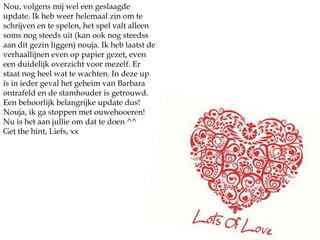 Nou, volgens mij wel een geslaagde update. Ik heb weer helemaal zin om te schrijven en te spelen, het spel valt alleen soms nog steeds uit (kan ook nog steedss aan dit gezin liggen) nouja. Ik heb laatst de verhaallijnen even op papier gezet, even een duidelijk overzicht voor mezelf. Er staat nog heel wat te wachten. In deze up is in ieder geval het geheim van Barbara ontrafeld en de stamhouder is getrouwd. Een behoorlijk belangrijke update dus!Nouja, ik ga stoppen met ouwehooeren! Nu is het aan jullie om dat te doen ^^Get the hint, Liefs, xx