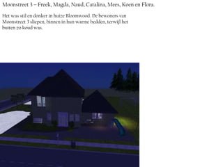 Moonstreet 3 – Freek, Magda, Naud, Catalina, Mees, Koen en Flora.
Het was stil en donker in huize Bloomwood. De bewoners van
Moonstreet 3 sliepen, binnen in hun warme bedden, terwijl het
buiten zo koud was.
 