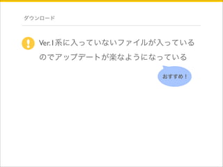 ダウンロード 
Ver.1系に入っていないファイルが入っている 
のでアップデートが楽なようになっている 
おすすめ！ 
! 
 