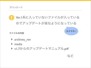 ダウンロード 
Ver.1系に入っていないファイルが入っている 
のでアップデートが楽なようになっている 
おすすめ！ 
! 
ファイルの内容 
‣ archives_rev 
‣ media 
‣ v1.7からのアップデートマニュアル.pdf 
など 
 