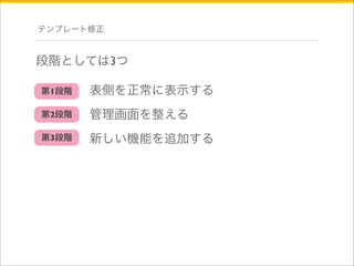テンプレート修正 
段階としては3つ 
第1段階 
第2段階 
第3段階 
表側を正常に表示する 
管理画面を整える 
新しい機能を追加する 
 