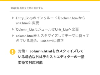 第1段階 表側を正常に表示する 
‣ Entry_Bodyのインクルードをcolumn.htmlから 
unit.htmlに変更 
‣ Column_ListモジュールはUnit_Listへ変更 
‣ column.htmlをカスタマイズしてテーマに持って 
きている場合、unit.htmlに修正 
対策： column.htmlをカスタマイズして 
いる場合以外はテキストエディターの一括 
変換で対応可能 
! 
 