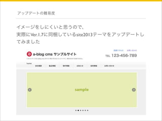 アップデートの難易度 
イメージをしにくいと思うので、 
実際にVer.1.7に同梱しているsite2013テーマをアップデートし 
てみました 
 