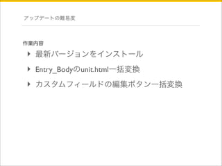 アップデートの難易度 
作業内容 
‣ 最新バージョンをインストール 
‣ Entry_Bodyのunit.html一括変換 
‣ カスタムフィールドの編集ボタン一括変換 
 