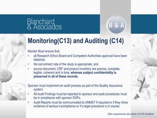 Monitor Must ensure that:
• all Research Ethics Board and Competent Authorities approval have been
obtained,
• the recruitment rate of the study is appropriate, and
• source document, CRF and product inventory are precise, complete,
legible, coherent and in time, whereas subject confidentiality is
preserved in all of these records.
Sponsor must implement an audit process as part of the Quality Assurance
system.
• All Audit Findings must be reported to sponsor and audit procedures must
be in compliance with sponsor SOPs.
• Audit Reports must be communicated to ANMAT if required or if they show
evidence of serious incompliance or if a legal procedure is in course.
Monitoring(C13) and Auditing (C14)
Other requirements also follow ICH E6 Guideline
 