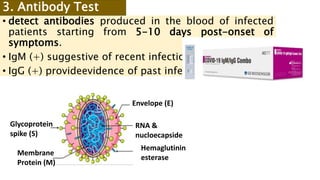 • detect antibodies produced in the blood of infected
patients starting from 5-10 days post-onset of
symptoms.
• IgM (+) suggestive of recent infection.
• IgG (+) provideevidence of past infection.
3. Antibody Test
Glycoprotein
spike (S)
Membrane
Protein (M)
Envelope (E)
RNA &
nucloecapside
Hemaglutinin
esterase
 