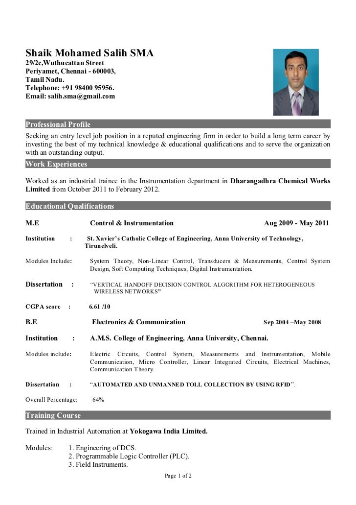 fresher of instrumentation engineer