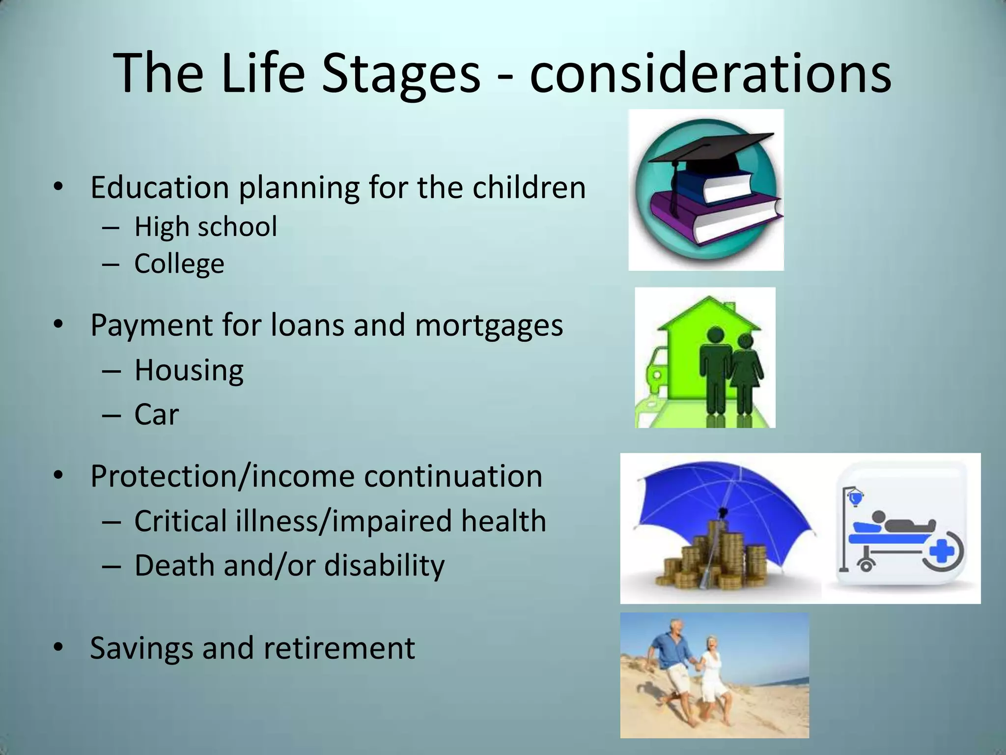The Life Stages - considerations
• Education planning for the children
   – High school
   – College

• Payment for loans and mortgages
   – Housing
   – Car
• Protection/income continuation
   – Critical illness/impaired health
   – Death and/or disability

• Savings and retirement
 