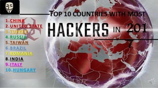 1.CHINA
2.UNITED STATE
3.TURKEY
4.RUSSIA
5.TAIWAN
6.BRAZIL
7.ROMANIA
8.INDIA
9.ITALY
10.HUNGARY
TOP 10 COUNTRIES WITH MOST
IN 201
7
 