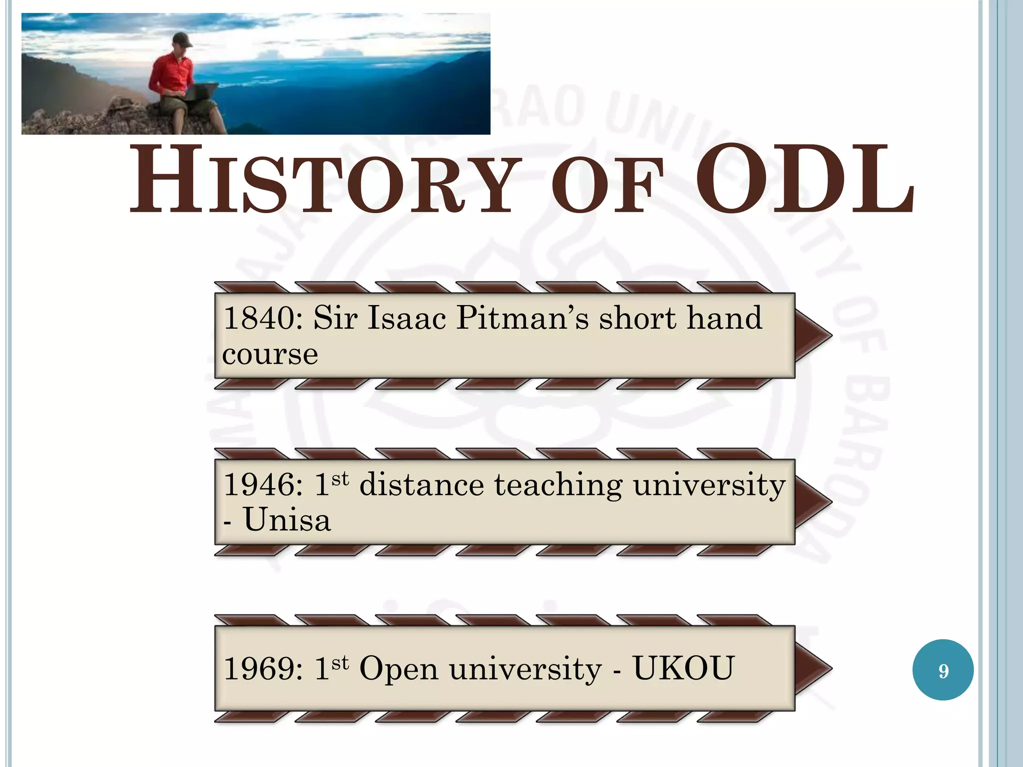 HISTORY OF ODL
1840: Sir Isaac Pitman’s short hand
course
1946: 1st distance teaching university
- Unisa
1969: 1st Open university - UKOU 9
 