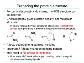 Preparing the protein structure
• For particular protein side chains, the PDB structure can
  be incorrect
• Crystallography gives electron density, not molecular
  structure
   – In poorly resolved crystal structures of proteins, isoelectronic
     groups can give make it difficult to deduce the correct structure
        O                 NH2              N
                                                                     N
  R                R               R                      R
        NH 2              O                    N                 N
• Affects asparagine, glutamine, histidine
• Important? Affects hydrogen bonding pattern
• May need to flip amide or imidazole
   – How to decide? Look at hydrogen bonding pattern in crystal
     structures containing ligands
 