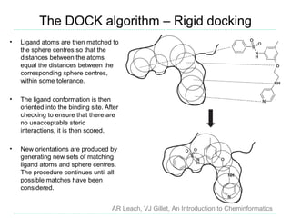 The DOCK algorithm – Rigid docking
•   Ligand atoms are then matched to
    the sphere centres so that the
    distances between the atoms
    equal the distances between the
    corresponding sphere centres,
    within some tolerance.

•   The ligand conformation is then
    oriented into the binding site. After
    checking to ensure that there are
    no unacceptable steric
    interactions, it is then scored.

•   New orientations are produced by
    generating new sets of matching
    ligand atoms and sphere centres.
    The procedure continues until all
    possible matches have been
    considered.


                                      AR Leach, VJ Gillet, An Introduction to Cheminformatics
 