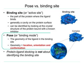 Pose vs. binding site
• Binding site (or “active site”)
   – the part of the protein where the ligand
     binds
   – generally a cavity on the protein surface
   – can be identified by looking at the crystal
     structure of the protein bound with a known
     inhibitor
• Pose (or “binding mode”)
   – The geometry of the ligand in the binding
     site
   – Geometry = location, orientation and
     conformation
• Protein-ligand docking is not about
  identifying the binding site
 