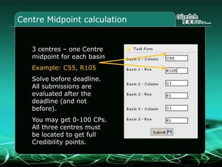Gravimetric survey analysisLocate edges of the continous basin structure (yellow area)Locate the diagonals and thus basin centre