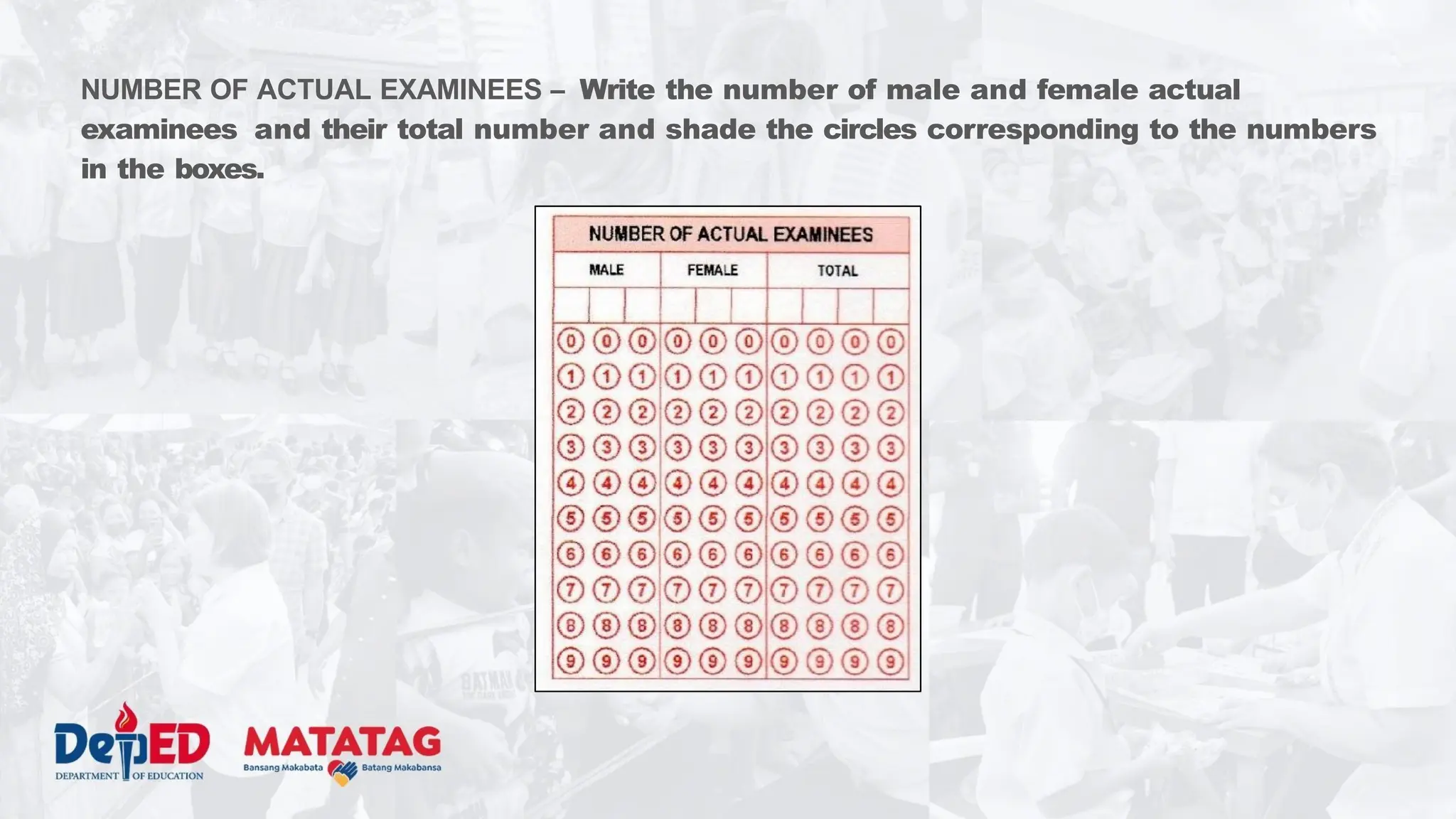 NUMBER OF ACTUAL EXAMINEES – Write the number of male and female actual
examinees and their total number and shade the circles corresponding to the numbers
in the boxes.
 