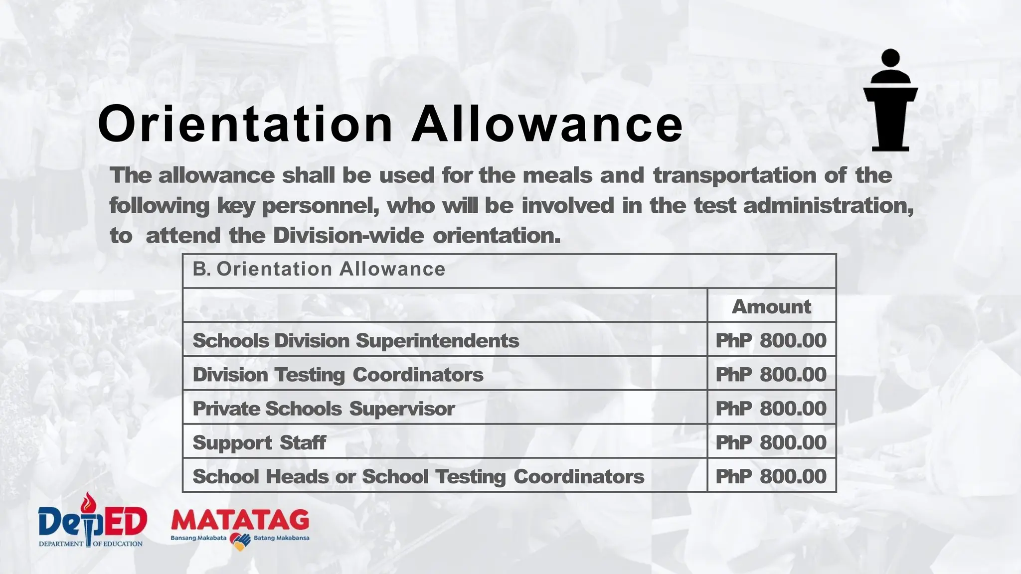 Orientation Allowance
The allowance shall be used for the meals and transportation of the
following key personnel, who will be involved in the test administration,
to attend the Division-wide orientation.
B. Orientation Allowance
Amount
Schools Division Superintendents PhP 800.00
Division Testing Coordinators PhP 800.00
Private Schools Supervisor PhP 800.00
Support Staff PhP 800.00
School Heads or School Testing Coordinators PhP 800.00
 