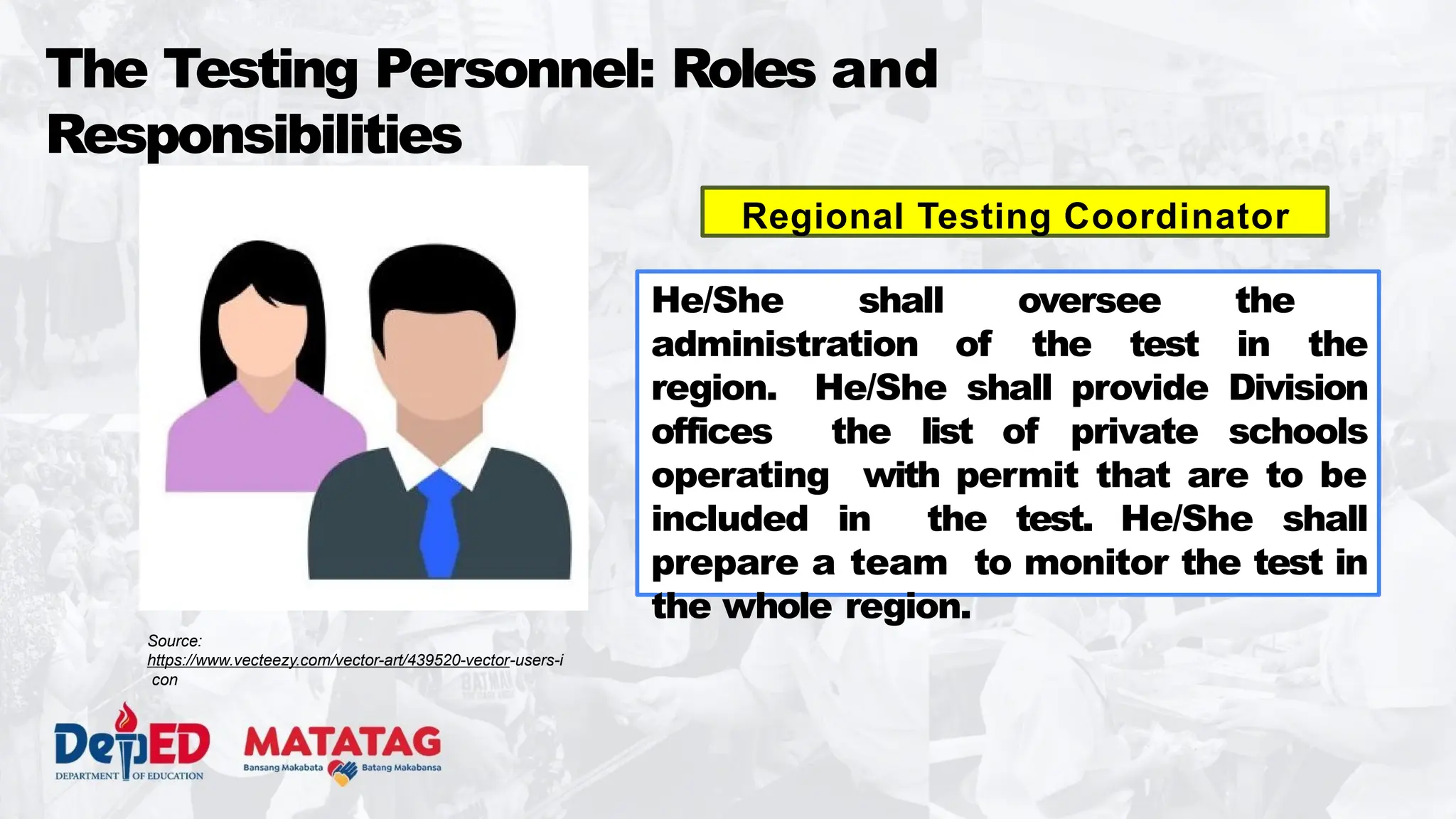 The Testing Personnel: Roles and
Responsibilities
Regional Testing Coordinator
He/She shall oversee the
administration of the test in the
region. He/She shall provide Division
offices the list of private schools
operating with permit that are to be
included in the test. He/She shall
prepare a team to monitor the test in
the whole region.
Source:
https://www.vecteezy.com/vector-art/439520-vector-users-i
con
 