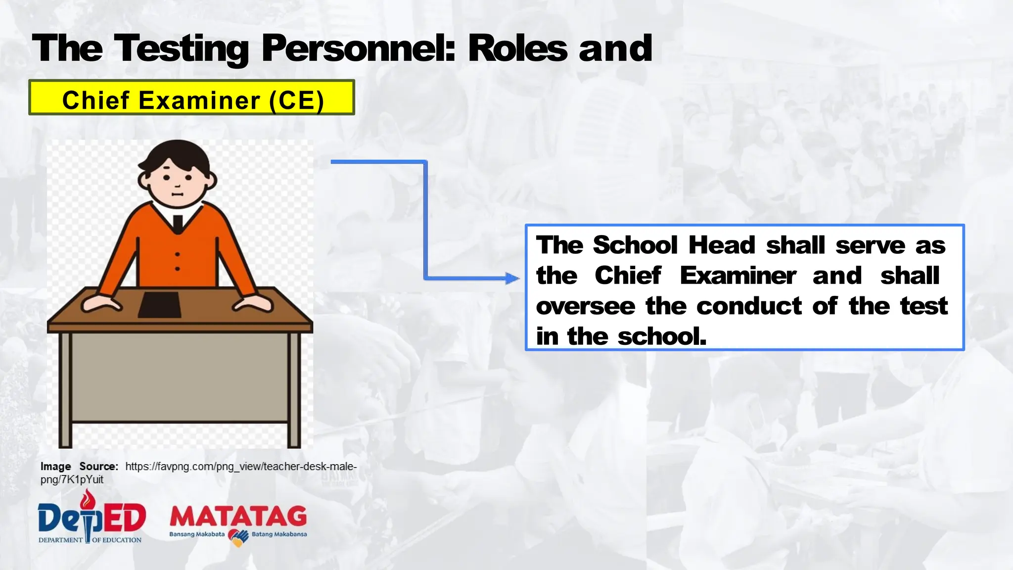 The Testing Personnel: Roles and
Responsibilities
Chief Examiner (CE)
The School Head shall serve as
the Chief Examiner and shall
oversee the conduct of the test
in the school.
 