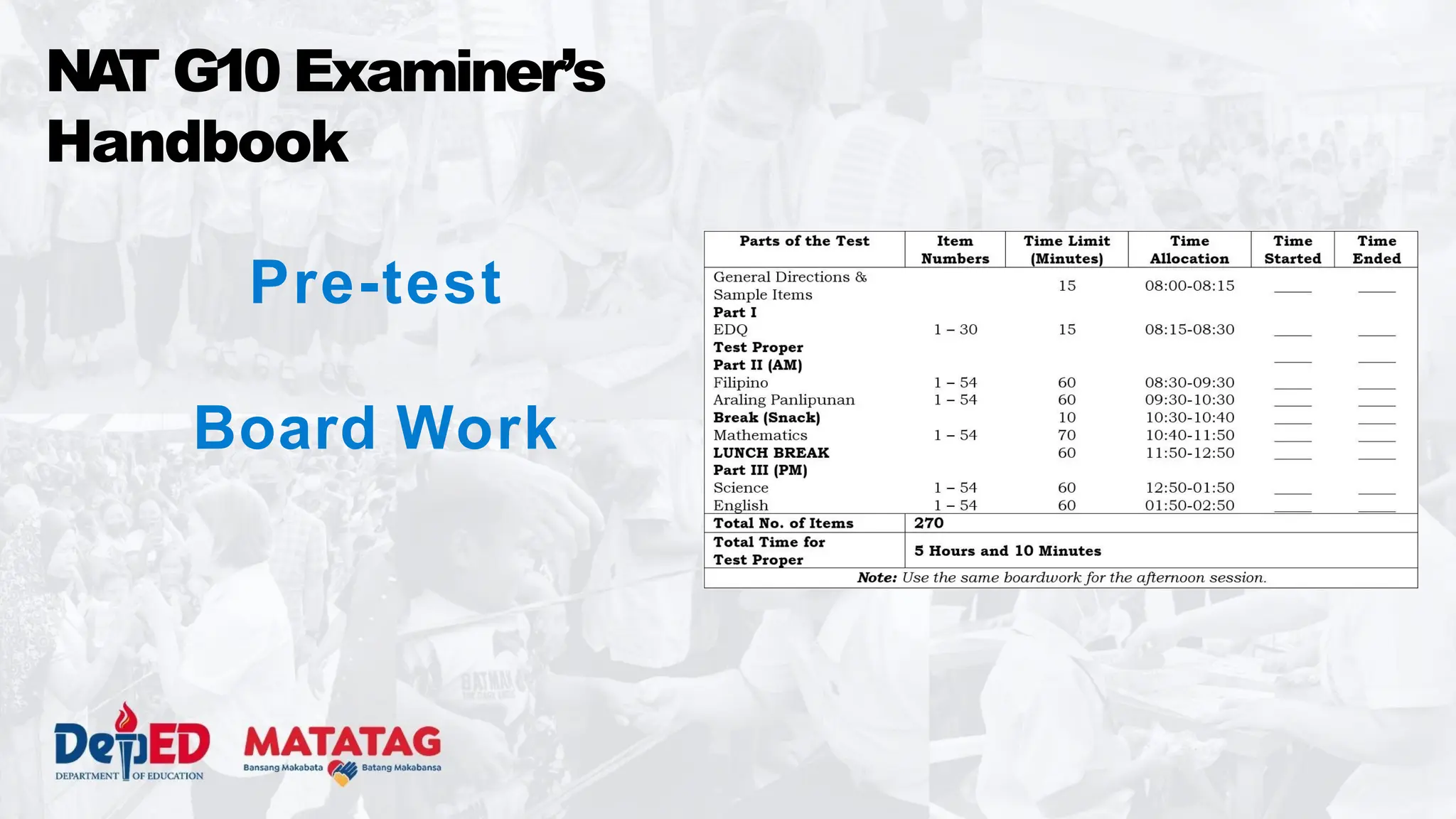 Pre-test
Board Work
NA
T G10 Examiner’s
Handbook
 