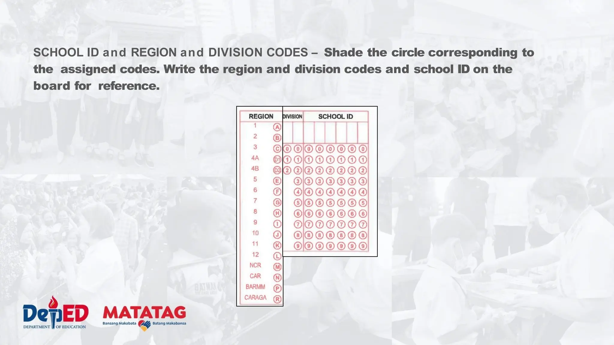 SCHOOL ID and REGION and DIVISION CODES – Shade the circle corresponding to
the assigned codes. Write the region and division codes and school ID on the
board for reference.
 