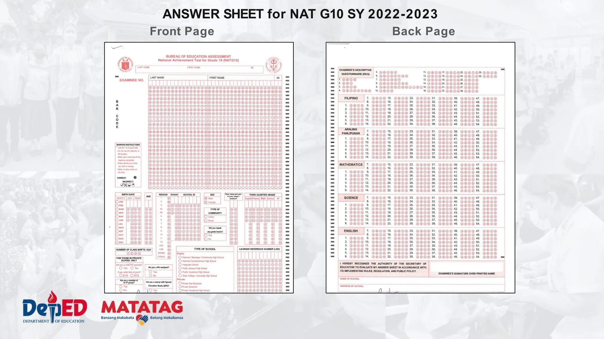 ANSWER SHEET for NAT G10 SY 2022-2023
Front Page Back Page
 