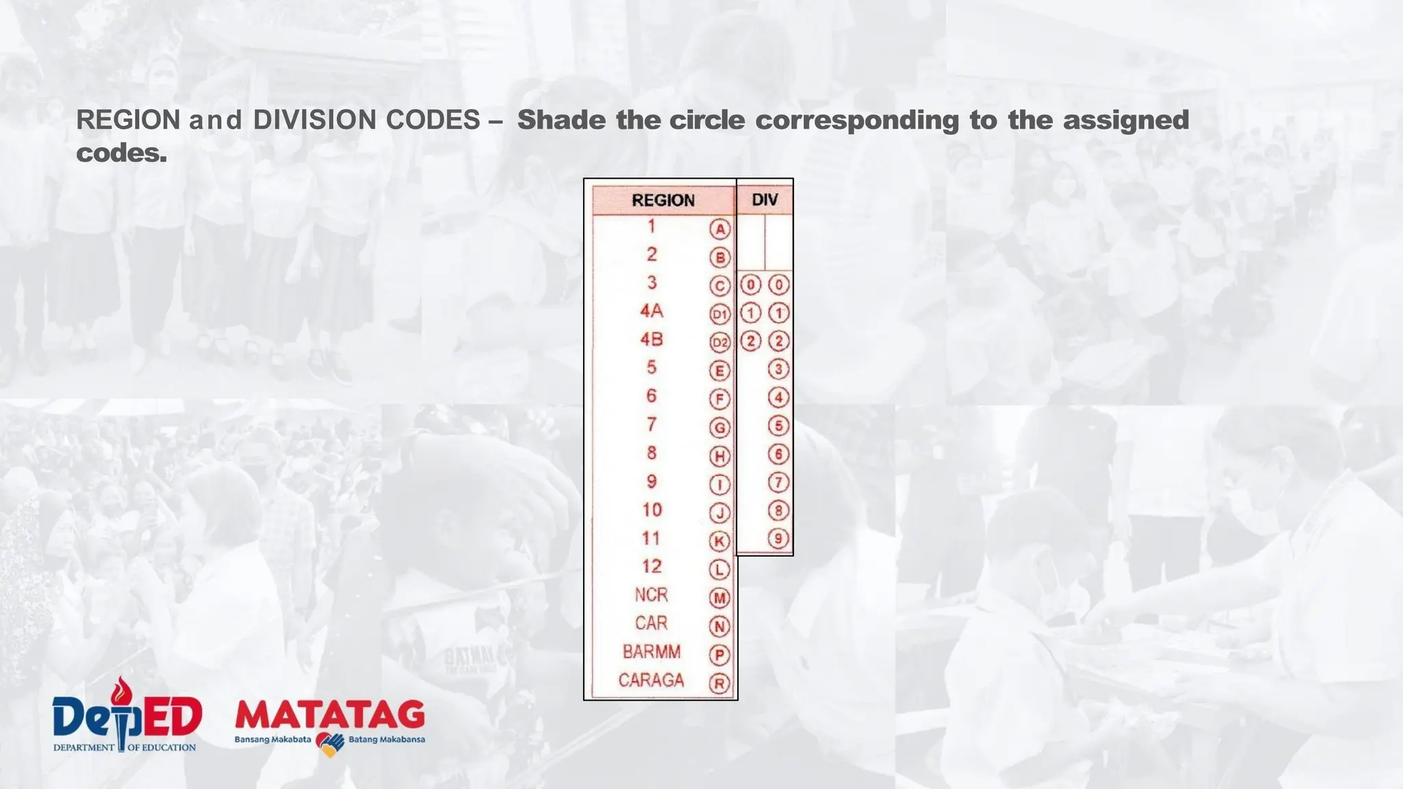 REGION and DIVISION CODES – Shade the circle corresponding to the assigned
codes.
 