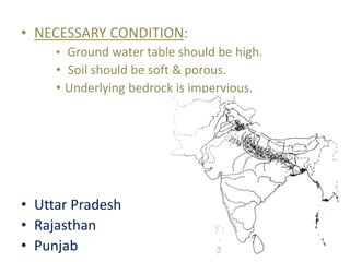 • NECESSARY CONDITION:
• Ground water table should be high.
• Soil should be soft & porous.
• Underlying bedrock is impervious.
• Uttar Pradesh
• Rajasthan
• Punjab
 