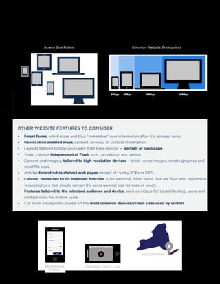 OTHER WEBSITE FEATURES TO CONSIDER
• Smart forms, which store and thus “remember” user information after it is entered once.
• Geolocation enabled maps, content, reviews, or contact information.
• Layouts tailored to how your users hold their devices — portrait or landscape.
• Video content independent of Flash, so it can play on any device.
• Content and imagery tailored to high resolution devices — think vector images, simple graphics and
small file sizes.
• Articles formatted as distinct web pages instead of clunky PDFs or PPTs.
• Content formatted to its intended function — for example, form fields that are fluid and responsive
verses buttons that should remain the same general size for ease of touch.
• Features tailored to the intended audience and device, such as videos for tablet/desktop users and
contact icons for mobile users.
• 3 or more breakpoints, based off the most common devices/screen sizes used by visitors.
Common Website BreakpointsScreen Size Ratios
RESPONSIVE
FORMS
GEO-LOCATION
USE VIDEO OVER FLASH
320px 768px 1280px 1920px
 