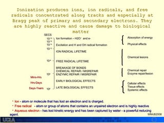 http://dmco.ucla.edu/McBride_Labhttp://dmco.ucla.edu/McBride_Lab
WMcB2008
Ion formation – H2OIon formation – H2O++
and e-and e-
Excitation and H and OH radical formationExcitation and H and OH radical formation
ION RADICAL LIFETIMEION RADICAL LIFETIME
FREE RADICAL LIFETIMEFREE RADICAL LIFETIME
BREAKAGE OF BONDSBREAKAGE OF BONDS
CHEMICAL REPAIR / MISREPAIRCHEMICAL REPAIR / MISREPAIR
ENZYMIC REPAIR / MISREPAIRENZYMIC REPAIR / MISREPAIR
EARLY BIOLOGICAL EFFECTSEARLY BIOLOGICAL EFFECTS
LATE BIOLOGICAL EFFECTSLATE BIOLOGICAL EFFECTS
1010-18-18
1010-12-12
1010-6-6
101000
101066
SECSSECS
Absorption of energyAbsorption of energy
Physical effectsPhysical effects
Chemical lesionsChemical lesions
Chemical repairChemical repair
Enzyme repair/lesionEnzyme repair/lesion
Cellular effectsCellular effects
Tissue effectsTissue effects
Systemic effectsSystemic effects
Days-YearsDays-Years
Hrs-DaysHrs-Days
Mins-HrsMins-Hrs
Ionization produces ions, ion radicals, and freeIonization produces ions, ion radicals, and free
radicals concentrated along tracks and especially atradicals concentrated along tracks and especially at
Bragg peak of primary and secondary electrons. TheyBragg peak of primary and secondary electrons. They
are highly reactive and cause damage to biologicalare highly reactive and cause damage to biological
mattermatter
• IonIon - atom or molecule that has lost an electron and is charged.- atom or molecule that has lost an electron and is charged.
• Free radicalFree radical - atom or group of atoms that contains an unpaired electron and is highly reactive- atom or group of atoms that contains an unpaired electron and is highly reactive
• Aqueous electronAqueous electron - has lost kinetic energy and has been captured by water - a powerful reducing- has lost kinetic energy and has been captured by water - a powerful reducing
agent.agent.
1010-16-16
1010-14-14
 
