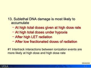 http://dmco.ucla.edu/McBride_Labhttp://dmco.ucla.edu/McBride_Lab
WMcB2008
13. Sublethal DNA damage is most likely to13. Sublethal DNA damage is most likely to
accumulateaccumulate
– At high total doses given at high dose rateAt high total doses given at high dose rate
– At high total doses under hypoxiaAt high total doses under hypoxia
– After high LET radiationAfter high LET radiation
– After low fractionated doses of radiationAfter low fractionated doses of radiation
#1 Intertrack interactions between ionization events are
more likely at high dose and high dose rate
 