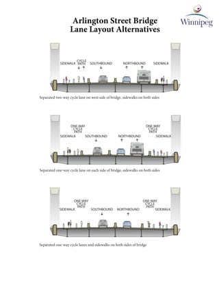 Separated two-way cycle lane on west side of bridge, sidewalks on both sides
Separated one-way cycle lane on each side of bridge, sidewalks on both sides
Separated one-way cycle lanes and sidewalks on both sides of bridge
SIDEWALK SIDEWALK
ONE-WAY
CYCLE
PATH
ONE-WAY
CYCLE
PATH
SOUTHBOUND NORTHBOUND
SIDEWALK SIDEWALK
CYCLE
PATH SOUTHBOUND NORTHBOUND
SIDEWALK SIDEWALK
ONE-WAY
CYCLE
PATH
ONE-WAY
CYCLE
PATH
SOUTHBOUND NORTHBOUND
Arlington Street Bridge
Lane Layout Alternatives
 