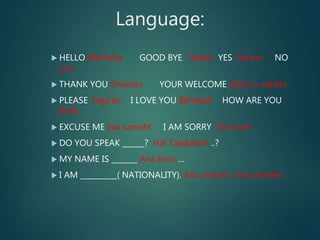 Language:
 HELLO Marhaba GOOD BYE Salam YES Na’am NO
La’a
 THANK YOU Shukran YOUR WELCOME ahlan w sahlan
 PLEASE Raja’an I LOVE YOU Bahebak HOW ARE YOU
Keifk
 EXCUSE ME law samaht I AM SORRY Ana Asef
 DO YOU SPEAK ______? Hal Tatakalam ..?
 MY NAME IS _______ Ana Esmi …
 I AM __________( NATIONALITY). Ana Urduni  Ana Amreki
 