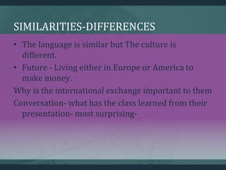 SIMILARITIES-DIFFERENCES
• The language is similar but The culture is
different.
• Future - Living either in Europe or Ame...