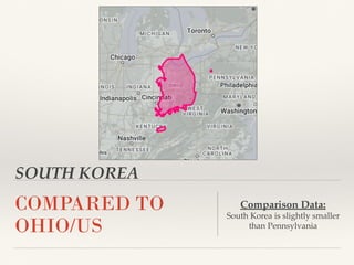 SOUTH KOREA
COMPARED TO
OHIO/US
Comparison Data:
South Korea is slightly smaller
than Pennsylvania
 