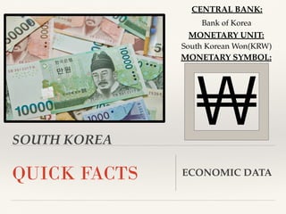 SOUTH KOREA
QUICK FACTS ECONOMIC DATA
CENTRAL BANK:
MONETARY UNIT:
MONETARY SYMBOL:
Bank of Korea
South Korean Won(KRW)
 