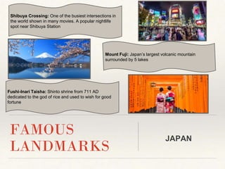Shibuya Crossing: One of the busiest intersections in
the world shown in many movies. A popular nightlife
spot near Shibuya Station
FAMOUS
LANDMARKS
Mount Fuji: Japan’s largest volcanic mountain
surrounded by 5 lakes
JAPAN
Fushi-Inari Taisha: Shinto shrine from 711 AD
dedicated to the god of rice and used to wish for good
fortune
 