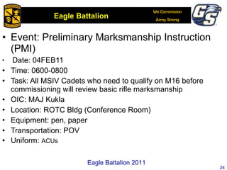 Event: Preliminary Marksmanship Instruction (PMI) Date: 04FEB11 Time: 0600-0800 Task: All MSIV Cadets who need to qualify on M16 before commissioning will review basic rifle marksmanship OIC: MAJ Kukla Location: ROTC Bldg (Conference Room) Equipment: pen, paper Transportation: POV Uniform:  ACUs Eagle Battalion 2011 
