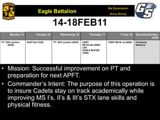 14-18FEB11 Mission: Successful improvement on PT and preparation for next APFT. Commander’s Intent: The purpose of this operation is to insure Cadets stay on track academically while improving MS I’s, II’s & III’s STX lane skills and physical fitness. February 6, 2009 Monday 14 Tuesday 15 Wednesday 16 Thursday 17 Friday 18 Saturday/Sunday  19/20 PT: RAC pavilion (0630) Staff Call (1530) PT: RAC pavilion (0630) CWST  MS IVs-IIIs (0600) LAB  (KOB & RECON) (1600) CWST MS IIs -Is (0600) Presidents Weekend 22 23 24 25 26 27/28 PT: Ability Group 0630 Rem. PT (0600) Staff Call PT: Ability Group 0630 Rem. PT (0600) Lab: STX(Ambush) PT: Ability Group 0630 