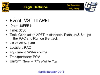 Event: MS I-III APFT Date: 18FEB11 Time: 0530 Task: Conduct an APFT to standard. Push-up & Sit-ups in the RAC and Run on the track OIC: C/MAJ Graf Location: RAC Equipment: Water source Transportation: POV Uniform:  Summer PT’s w/Winter Top Eagle Battalion 2011 