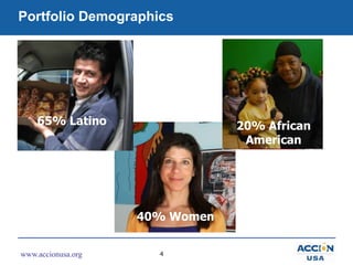 Portfolio Demographics<br />65% Latino<br />20% African American<br />40% Women<br />
