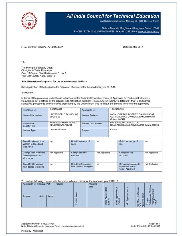 AICTE AFFILIATION LETTER | PDF