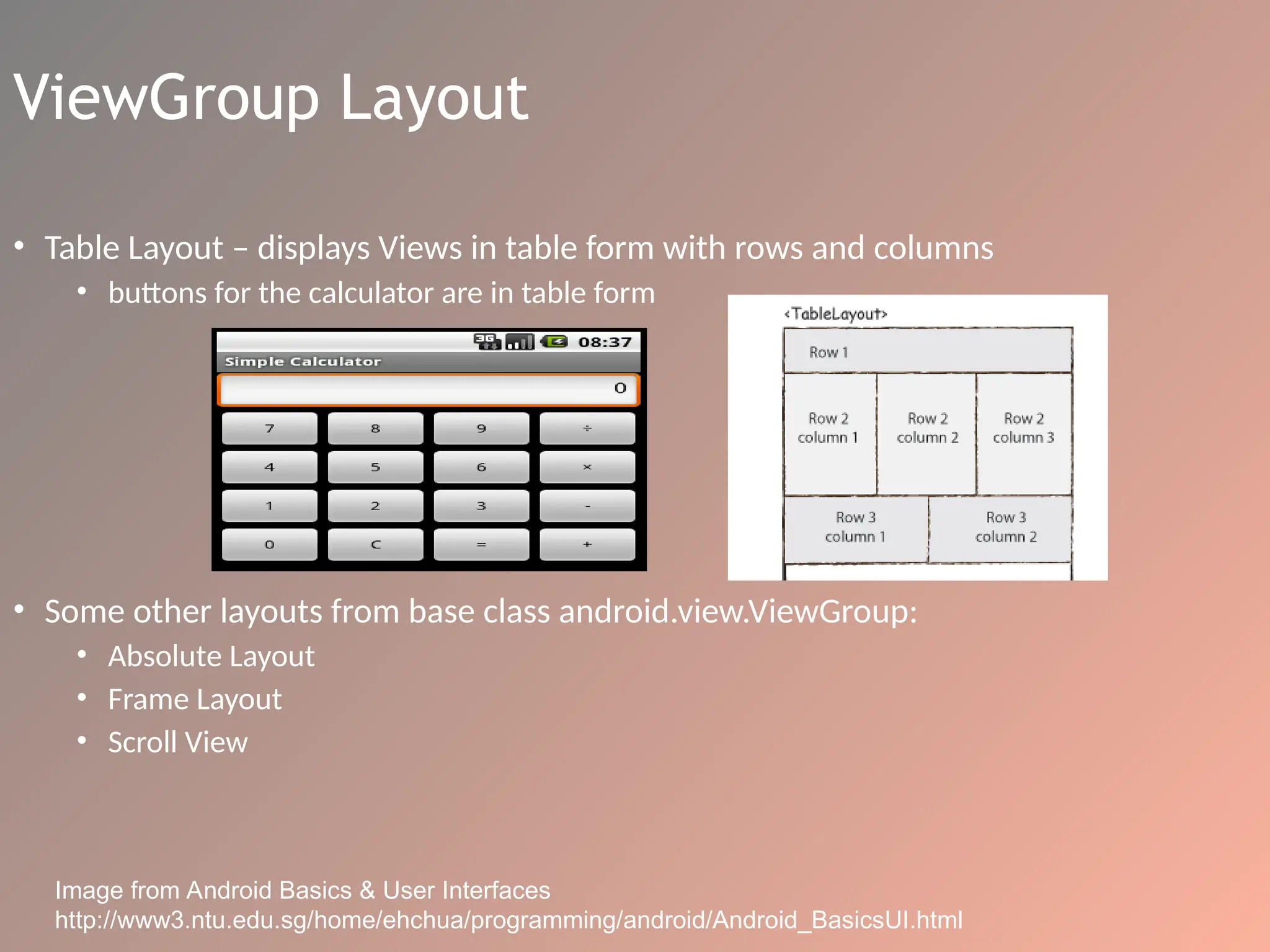 ViewGroup Layout
• Table Layout – displays Views in table form with rows and columns
• buttons for the calculator are in table form
• Some other layouts from base class android.view.ViewGroup:
• Absolute Layout
• Frame Layout
• Scroll View
Image from Android Basics & User Interfaces
http://www3.ntu.edu.sg/home/ehchua/programming/android/Android_BasicsUI.html
 