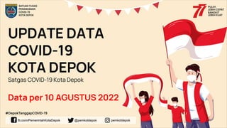 UPDATE DATA
COVID-19
KOTA DEPOK
Satgas COVID-19 Kota Depok
Data per 10 AGUSTUS 2022
 