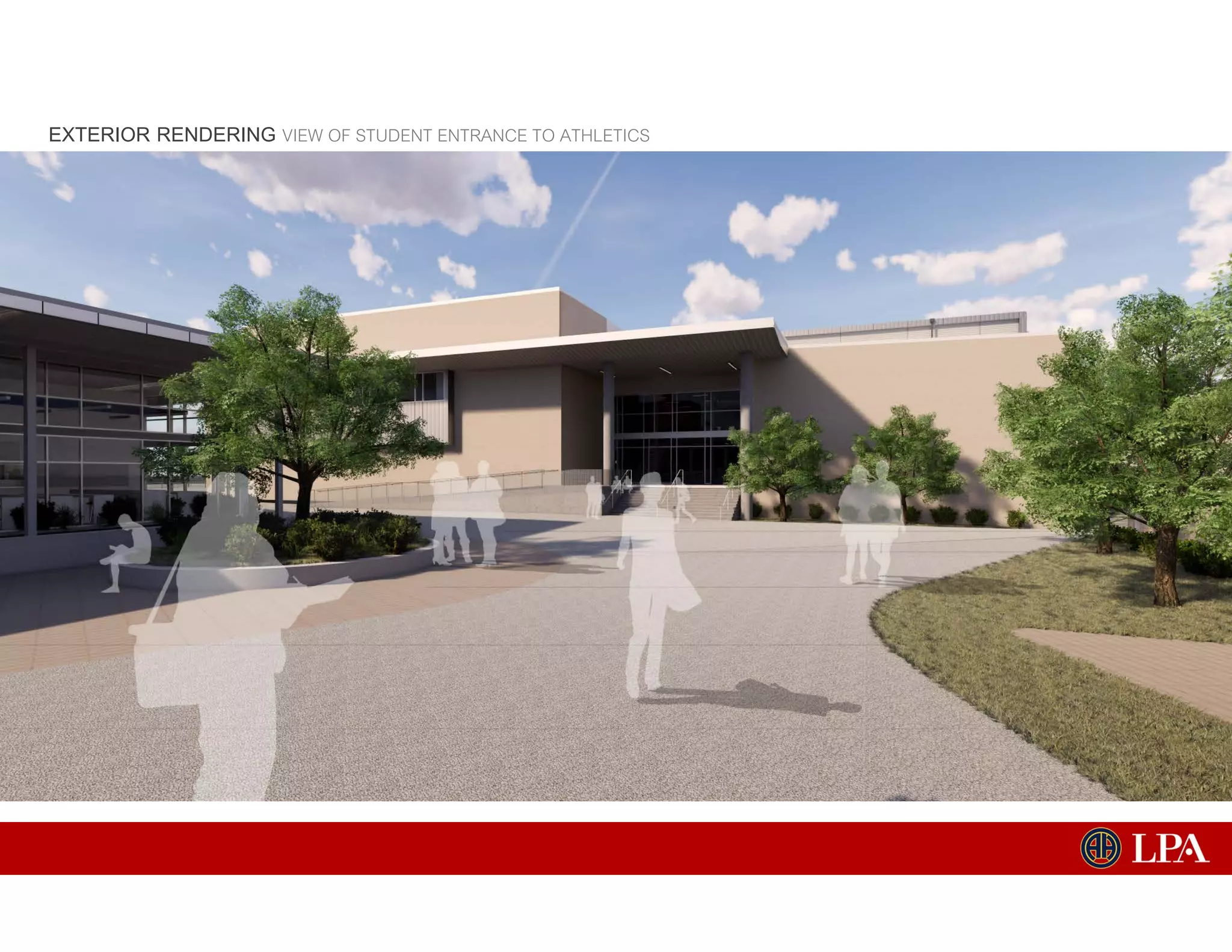 EXTERIOR RENDERING VIEW OF STUDENT ENTRANCE TO ATHLETICS
 