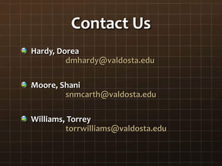 Contact Us
Hardy, Dorea
dmhardy@valdosta.edu
Moore, Shani
snmcarth@valdosta.edu
Williams, Torrey
torrwilliams@valdosta.edu
 