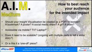Data	Caricatures:	rethinking	visualisa3on	for	the	modern	researcher	
Be9y	Adamou,	Research	Through	Gaming	&	Paul	McGhie,	Leading	Thought	
Festival of
#NewMR 2018
	
	
How to best reach
your audience
for the intended impact
. . .
•  Should your Insight Visualisation be created as a PDF? A booklet?  
A bookmark? A poster? A social media share? A gif? A video?
•  Accessible via mobile? TV? Laptop?
•  Does it need to be scalable? (ongoing with multiple parts to tell a wider
story?)
•  Or is this it a ‘one-off’ piece?
 
