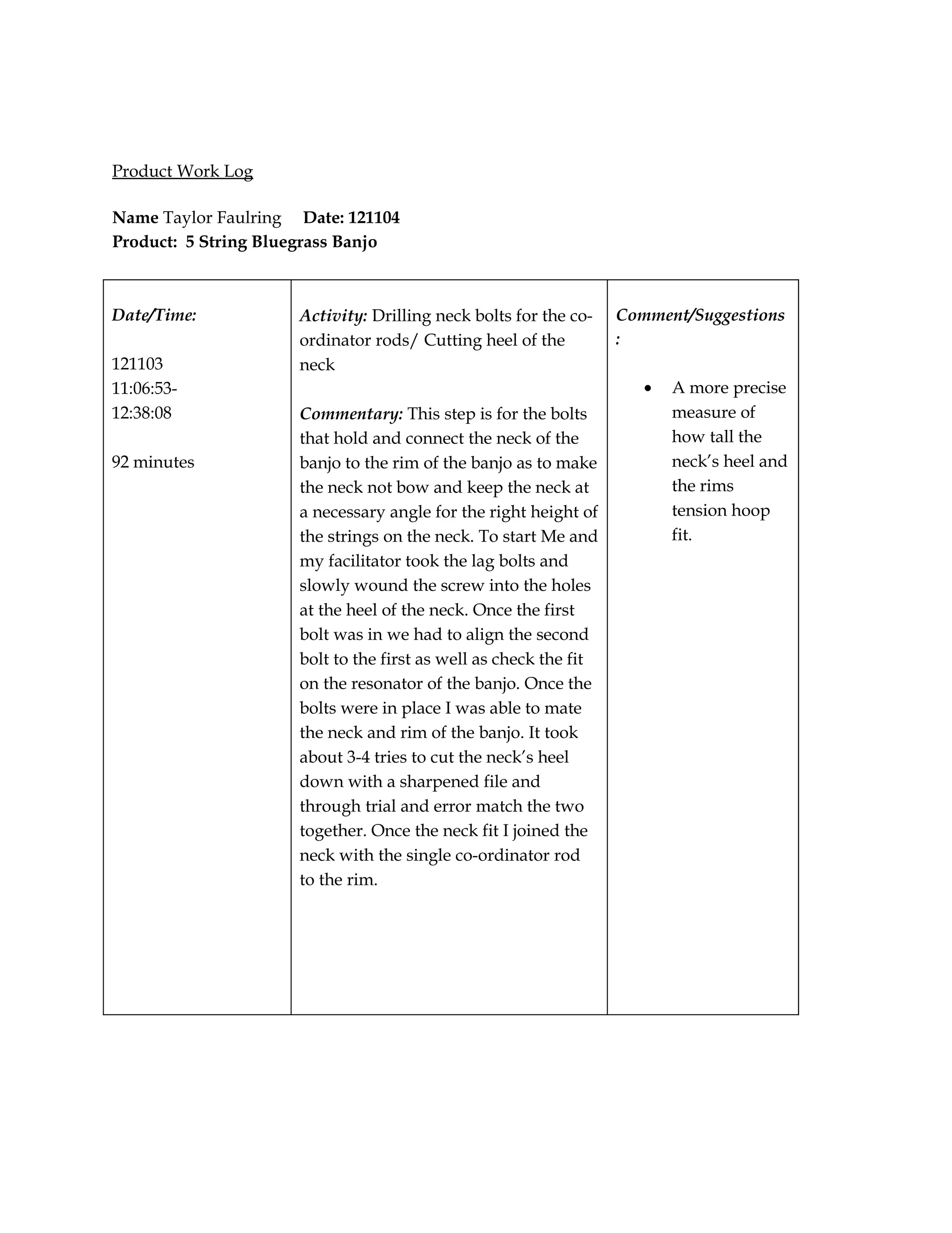 Product Work Log

Name Taylor Faulring Date: 121104
Product: 5 String Bluegrass Banjo



Date/Time:           Activity: Drilling neck bolts for the co-    Comment/Suggestions
                     ordinator rods/ Cutting heel of the          :
121103               neck
11:06:53-                                                            •   A more precise
12:38:08             Commentary: This step is for the bolts              measure of
                     that hold and connect the neck of the               how tall the
92 minutes           banjo to the rim of the banjo as to make            neck’s heel and
                     the neck not bow and keep the neck at               the rims
                     a necessary angle for the right height of           tension hoop
                     the strings on the neck. To start Me and            fit.
                     my facilitator took the lag bolts and
                     slowly wound the screw into the holes
                     at the heel of the neck. Once the first
                     bolt was in we had to align the second
                     bolt to the first as well as check the fit
                     on the resonator of the banjo. Once the
                     bolts were in place I was able to mate
                     the neck and rim of the banjo. It took
                     about 3-4 tries to cut the neck’s heel
                     down with a sharpened file and
                     through trial and error match the two
                     together. Once the neck fit I joined the
                     neck with the single co-ordinator rod
                     to the rim.
 