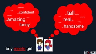 boy meets girl
cute
so amazing
red head
funny
smart
independent
not confident not tallenough
nerd
realjerk
cocky
annoying
not handsome
boring
 