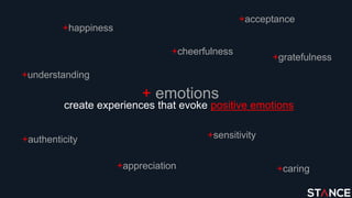 + emotions
create experiences that evoke positive emotions
+happiness
+gratefulness
+authenticity +sensitivity
+cheerfulness
+acceptance
+understanding
+caring+appreciation
 