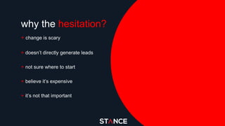 why the hesitation?
+ change is scary
+ doesn’t directly generate leads
+ not sure where to start
+ believe it’s expensive
+ it’s not that important
 